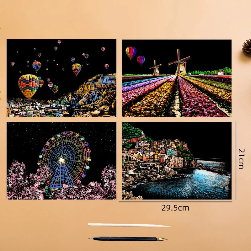 4PCS Scratch Art Paper World Landmarks Animals Painting Toy with Stylus Stress Relief Drawing Kids Adult Gift Glow in Dark Craft