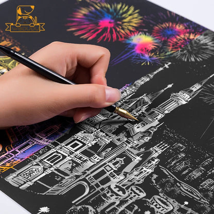 4PCS Scratch Art Paper World Landmarks Animals Painting Toy with Stylus Stress Relief Drawing Kids Adult Gift Glow in Dark Craft