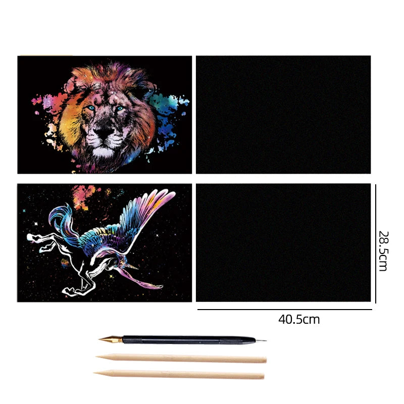 4PCS Scratch Art Paper World Landmarks Animals Painting Toy with Stylus Stress Relief Drawing Kids Adult Gift Glow in Dark Craft
