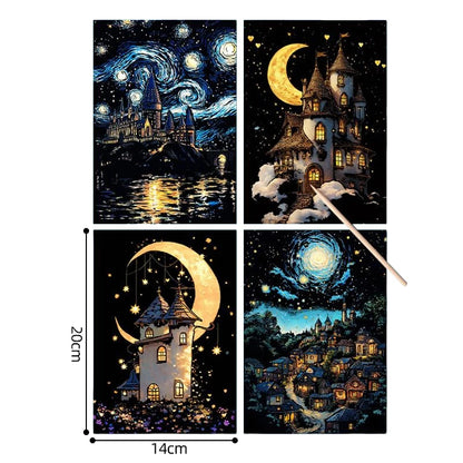 4PCS Scratch Art Paper World Landmarks Animals Painting Toy with Stylus Stress Relief Drawing Kids Adult Gift Glow in Dark Craft