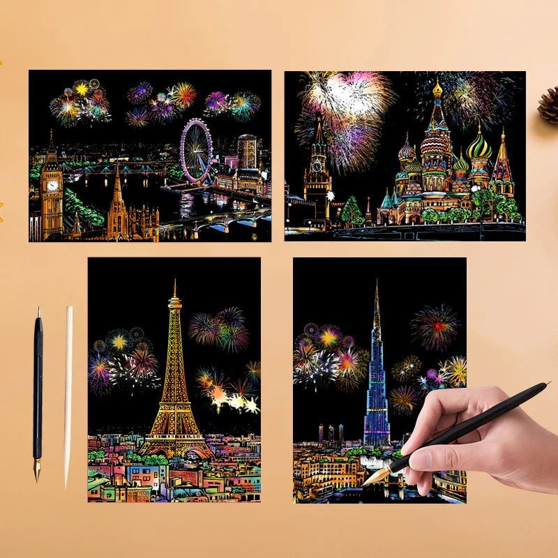 4PCS Scratch Art Paper World Landmarks Animals Painting Toy with Stylus Stress Relief Drawing Kids Adult Gift Glow in Dark Craft