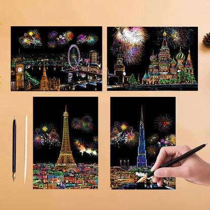 4PCS Scratch Art Paper World Landmarks Animals Painting Toy with Stylus Stress Relief Drawing Kids Adult Gift Glow in Dark Craft
