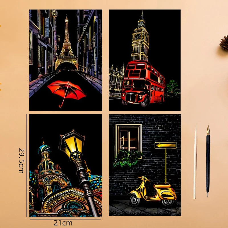 4PCS Scratch Art Paper World Landmarks Animals Painting Toy with Stylus Stress Relief Drawing Kids Adult Gift Glow in Dark Craft