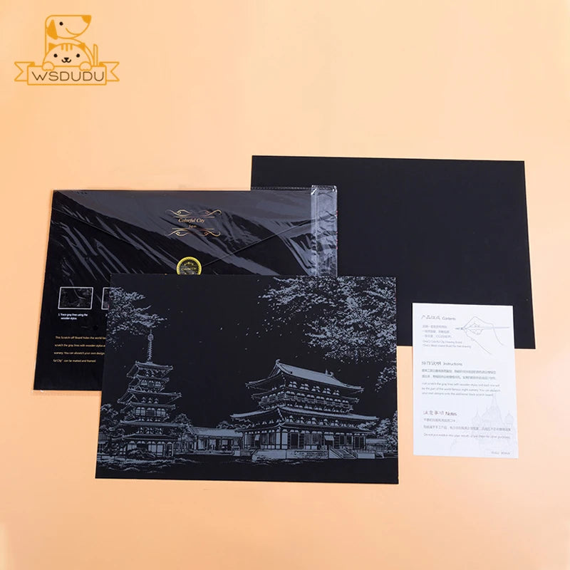 4PCS Scratch Art Paper World Landmarks Animals Painting Toy with Stylus Stress Relief Drawing Kids Adult Gift Glow in Dark Craft